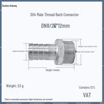 1  Hexagonal Barb Connector, 304 Stainless Steel for Water Pipe Hose, 316 Male Thread Plug
