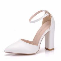 Moteriški balti vestuviniai aukštakulniai su čiurnos dirželiu, storu kulnu, smailia nosimi, vestuvių vakarėlio suknelės bateliai, elegantiški Sandalias De Mujer 38 white
