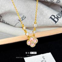 Light luxury 24K real gold four-leaf clover necklace high-end feelingfemale 9999 diamond-set design shell collarbone chain 50cm&Gold-color rožinė