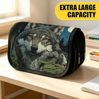 Double Layer Large Pencil Case, Vibrant Printed Pencil Pouch with Wolf Moon Forest Design, Fashion Storage Bag, Portable Pencil Case with Zipper, Dura 20x9x11cm gray