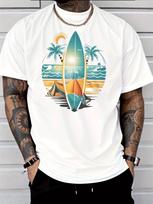 Men Crew Neck Tee Summer Beach Surfboard Palm Tree Print Short Sleeve Oversized Male Daily Casu M blue