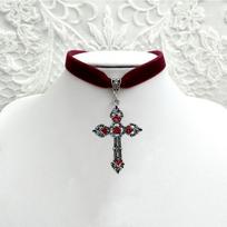 Gothic Ruby Cross Velvet Choker Necklace white