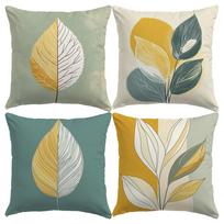4 Pack 45X45Cm Mid-Century Modern Geometric Floral Pillow Covers - Orange & Green Leaf Pattern Polyester Decorative Peach skin 18*18(CM)-4Pcs white