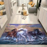 Three Running Horses Sea Wave Oil Painting Print Area Rug Wildlife Non Slip Rectangular Floor Mat Horse Lover Gaming Room Living Bedroom Decor Rug 120x160cm( 47x62in ) white