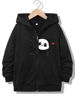 Kids Black Zip Up Hoodie Split Peeking Panda Red Heart And Vertical Panda Letter Graphic Long Sleeve Pocket Casual Hooded Jacket 140 black