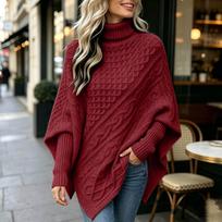 Women's Cable Knit Sleeve Sweater High Neck Cape Knit Pullover Top XL brown