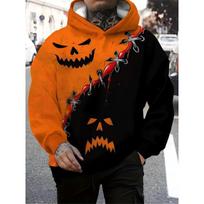 Men Halloween Stitch Pumpkin Face Hoodie Split Black Orange Graphic Long Sleeve Pullover Sweatshirt With Pocket 5XL orange