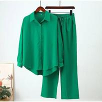 Women's set solid color long-sleeved shirt wide-leg pants two-piece set retro casual loose streetwear XXXL žalia