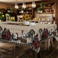 Farmhouse-style tablecloth, featuring vintage barn and vibrant rooster patterns in polyester fabric material 140X140cm