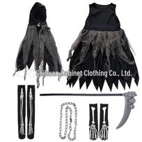 Girls' Grim Reaper Mesh Costume Set with Skull Gloves, Chain, and Scythe - Halloween Horror Cosplay. gray
