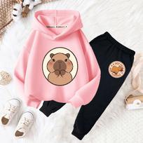 Capybara Drink Bubble Tea Fun Print Girls Fashion Set Kids Fall and Winter Casual Comfortable Warm Hoodie + Pants Two-piece Set 160 pink