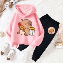 Capybara Drink Bubble Tea Fun Print Girls Fashion Set Kids Fall and Winter Casual Comfortable Warm Hoodie + Pants Two-piece Set 130 pink