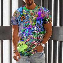 Trippy Mushroom Frog 3D Printed T-shirt, Colorful Graffiti Pattern Short Sleeve Casual Top, Fashion Streetwear Tee XS gray