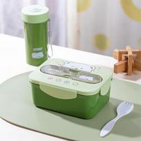 Cartoon Lunch Box Mug Set Portable Plastic Bento Box With Fork Kids Lunch Box Food Storage Container Food Holder green