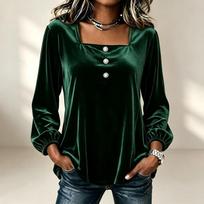 Women's Fashion Square Neck Velvet Long Sleeve Loose Fit Blouse XL tamsiai žalia spalva