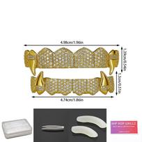Hip Hop Grillz: 14K Gold Plated Copper Zirconium Teeth Jewelry for Rap & Halloween. Lower beige