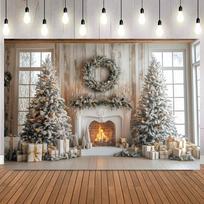 Christmas Classic Interior Room Scene Photo Backdrop Fireplace Xmas Tree Gifts Doll Bears Family Party Photography Background12 79×59inch/200*150cm