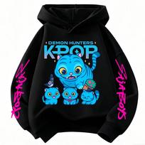 Demon Hunters Kpop Cartoon Hooded Sweatshirt for Kids, Soft Light Fabric, Cute Tiger Design, Casual Streetwear for Boys and Girls in Cold Seasons 130 mėlyna