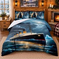 Titanic Pattern Bedding 3Pcs Set Bed Sheet And Pillowcases For Indoor Bedroom 135cmx200cm gray