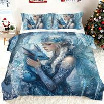 Magical White Haired Queen & Dragon Bedding Set, 3D Printed Mythical Guardian Duvet Cover with Pillowcases for Home Decor AU Single(140x210cm)
