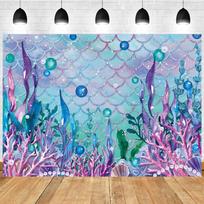 Little Mermaid Theme Party Backdrop Photography Baby Shower Decor Background Girl Birthday Wedding Cake Table Backgrounds19 59×39inch/150*100cm blue