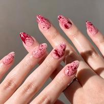 24Pcs Halloween Long Stiletto Press on Nails Red Blood Design Thriller Handprint Almond False Nails Acrylic Finger Fake Nail brown