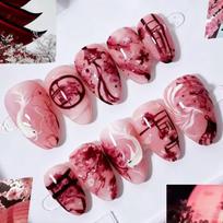 24Pcs Halloween Long Stiletto Press on Nails Red Blood Design Thriller Handprint Almond False Nails Acrylic Finger Fake Nail