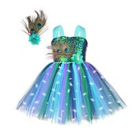 Peacock Sequined LED Feather Tutu Dress, Girls Dance Photography Animal Theme Performance Outfit M(3-4Y)