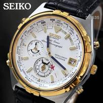 SEIKO Worldtimer Chronograph GMT Date Quartz 38mm White Dial Gold Watch 6M15-0020 Men's gray