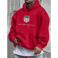 Timeless Athletic Shield Badge Print Men Hoodie, Retro Stripe Year Sport Text Pattern Pullover Hoodie, Fall Winter Loose Casual Sleeve Apparel 2XL violetinė
