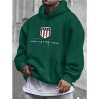 Timeless Athletic Shield Badge Print Men Hoodie, Retro Stripe Year Sport Text Pattern Pullover Hoodie, Fall Winter Loose Casual Sleeve Apparel 2XL tamsiai mėlyna spalva