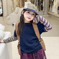 Girls Kids Color Block Patchwork Fake Two Piece Striped Long Sleeve Base T Shirt 160cm gray
