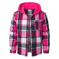 Men's Plaid Hooded Flannel Shirt Jacket, Long Sleeve Button Down Casual Shacket with Drawstring Hood and Chest Pocket for Fall Winter Daily Wear L black
