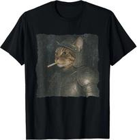 Humorous Knight Cat Graphic Tee Renaissance Fairs 130 gray