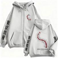 Anime Tokyo Ghoul Centipede Zipper Hoodie Kaneki Ken One Eyed King Graphic Zip Up Jacket Coat Men Women Clothing Manga Hoodies XL gray