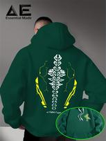 Men’s Abstract Alien Skeleton Hoodie Cyber Tech Geometric Graphic Front Back Print Fleece Pullover Sweatshirt Streetwear Autumn M gray