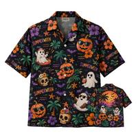 Halloween Skeleton Tropical Shirt For Men Print Ghost Pumpkin Short Sleeve Hawaiian Shirt Beach Bar Sunset Summer Party Top 3XL black
