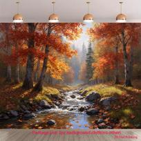 One-piece autumn forest stream wallpaper - Vibrant orange 59×39inch/150*100cm brown