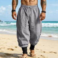 Men's Linen Harem Pants Elastic Drawstring Waist Baggy Loose Bundled Trousers Lightweight Summer Beach Casual Jogger Pants S gray
