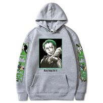 One Piece Zoro Printed Fleece Pullover Hoodie for Men and Women Double Extra Large pilka spalva
