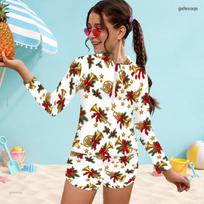 Girls Christmas Printed Long Sleeve Front Zip Top And Shorts Two Piece Swimsuit Set 100 white