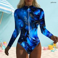 Women Plus Size Dark Teal Floral Printed High Neck Front Zip Long Sleeve One Piece Swimsuit 4XL blue