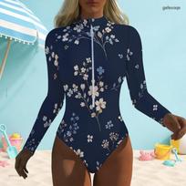 Women Plus Size Dark Teal Floral Printed High Neck Front Zip Long Sleeve One Piece Swimsuit 8XL gray