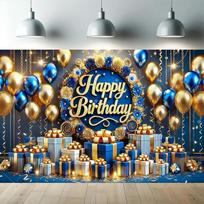Happy Birthday  Vinyl Photography Backdrop, Royal Blue & Gold with Glitter, Balloons, Cake and Crown 118×59inch/300*150cm