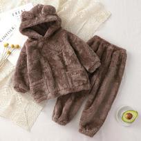 Cute Bear Pattern Kids Flannel Pajama Set Warm Home Sleepwear For Boys Girls 120cm black
