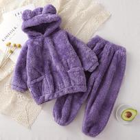 Cute Bear Pattern Kids Flannel Pajama Set Warm Home Sleepwear For Boys Girls 120cm gray