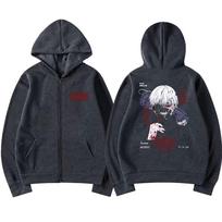 Anime Tokyo Ghoul Kaneki Ken Spider Lily Print Zipper Hoodie Unisex Hooded Sweatshirt Men Manga Oversized Zip Up Hoodies Jackets M tamsiai pilka spalva