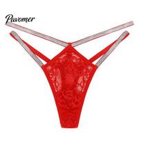 Hollow Lace Mesh Underwear Sexy Women G-string Thong Low Waist See-through Sheer Floral Breathable Ladies Rhinestone Straps Soft Brief Panties XS raudona