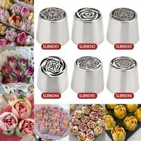 6pcs Extra Large Russian Marshmallow Framing Nozzle Set, Stainless Steel Rose Tulip Cake Decoration DIY Baking Tools (6A) 6D