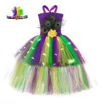 Peacock Flash LED Dance Tutu Dress, High Low Hem Kids Animal Theme Runway Party Outfit S（2-3Y） green